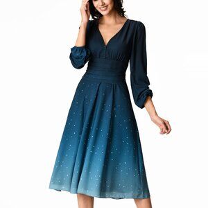 eShakti Ombre Star Print Crepe Pleated Empire Dress size Large 12